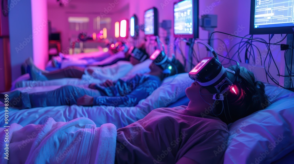 A sleep lab with participants wearing sleep monitors A sleep lab with participants wearing sleep monitors