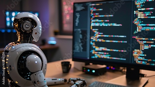 Futuristic Robot Developing Software Code on Computer Screen Full of Programming Code Representing Advanced AI Technology and Digital Innovation in the Tech Industry