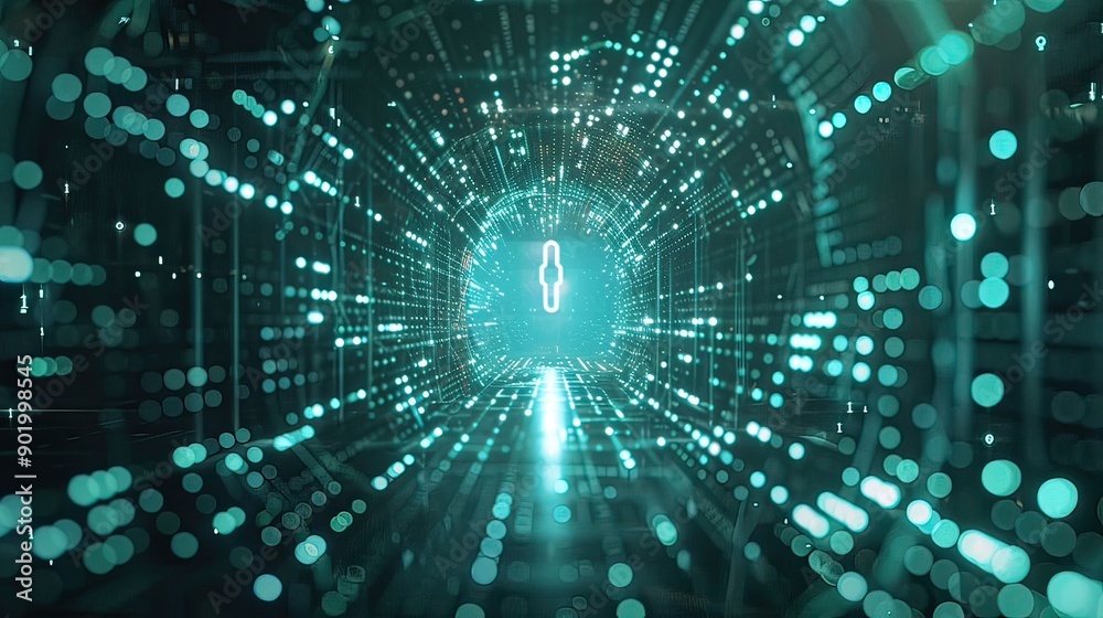 Abstract Digital Tunnel of Light With Glowing Particles at Night Abstract Digital Tunnel of Light With Glowing Particles at Night