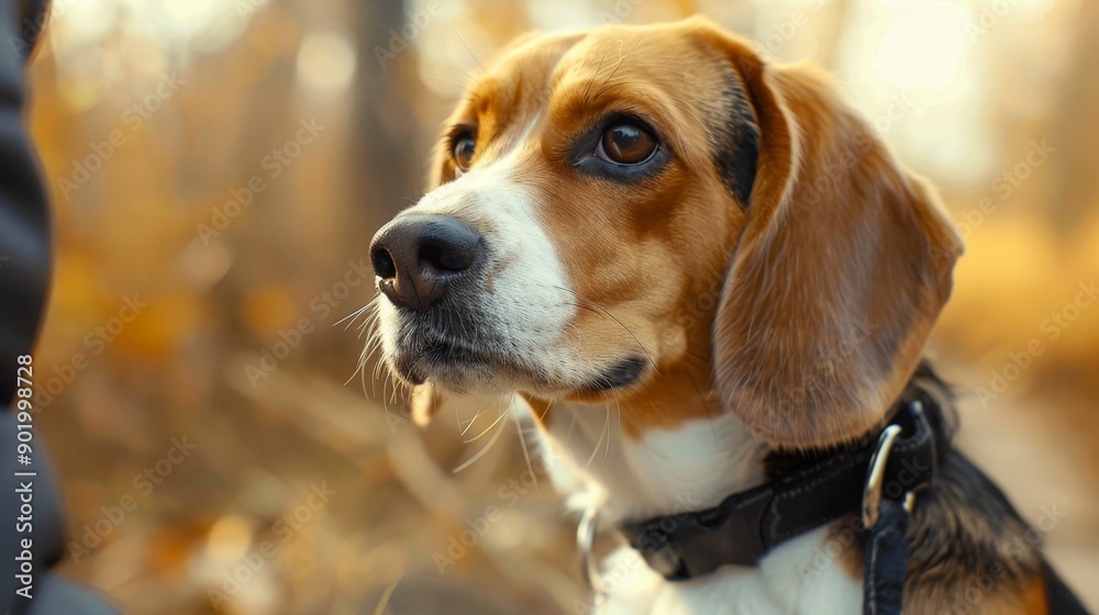 Beagle on a leash, close-up. Beagle on a leash, close-up.