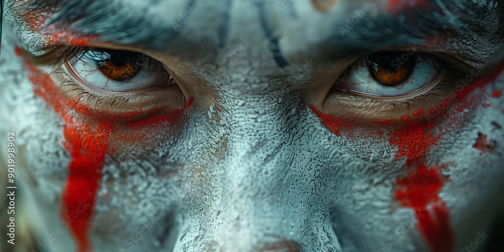 Intense Eyes with Tribal Face Paint. Close-up Captivating Gaze. Traditional Japanese Kabuki Performer Close-Up