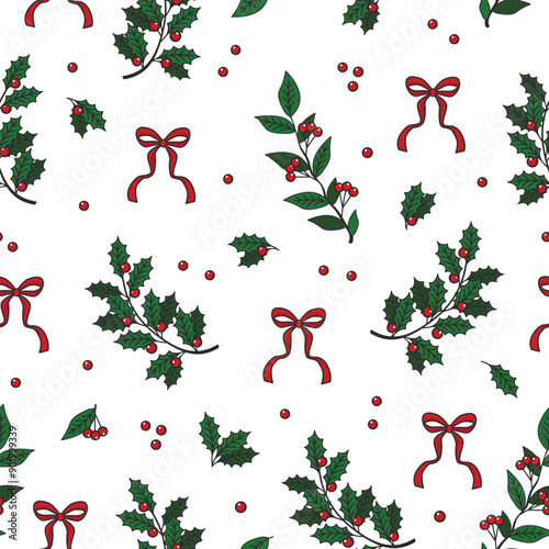 Christmas pattern with green branches with red berries and festive red bows, New Year greenery, vector illustration