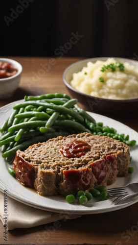 A plate of classic American meatloaf with a side of green beans and mashed potatoes, moist and flavorful meatloaf, hearty and comforting, Photography, taken with a 85mm lens in soft lighting