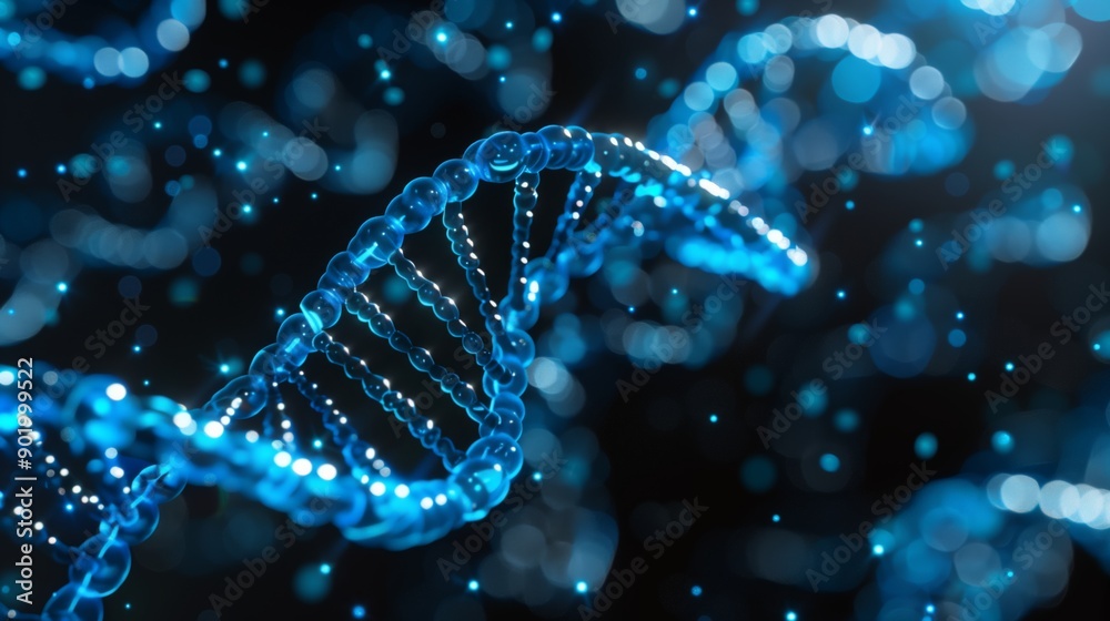 Blue Glowing DNA Structure with Bokeh Background Blue Glowing DNA Structure with Bokeh Background