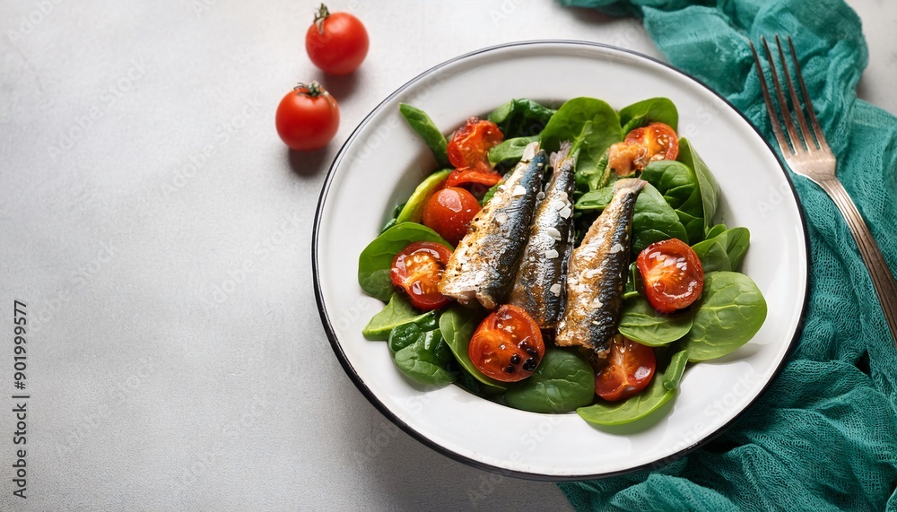 Salad of portuguese sardines with fresh spinach and roasted tomatoes on white plate, generative AI Salad of portuguese sardines with fresh spinach and roasted tomatoes on white plate, generative AI