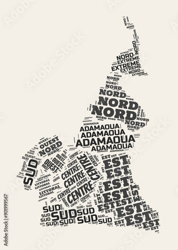 Cameroon Word Cloud. Country with regions division. Cameroon typographic text clouds vector image design. Vintage gazette style country shape image. Trending vector illustration.