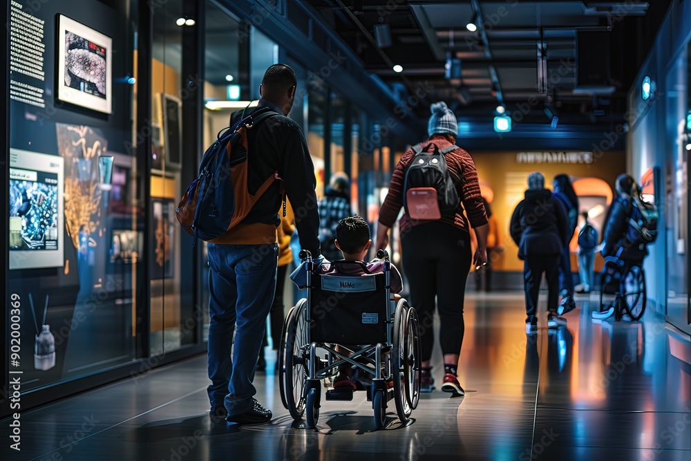 Family exploring a museum with a child in a wheelchair Family exploring a museum with a child in a wheelchair