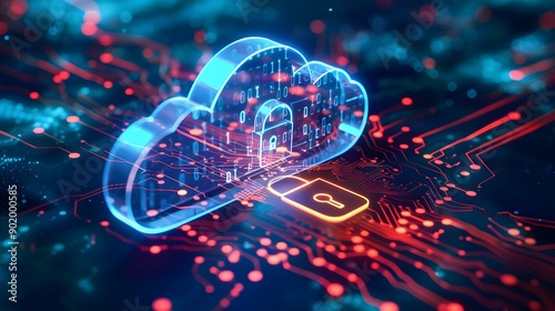 Cloud icon and padlock integrated in an abstract illustration, representing cloud security services and data protection