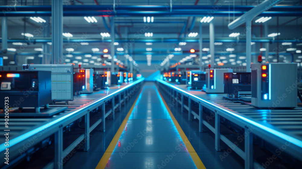 Obraz premium A futuristic, high-tech automated production line in a factory, featuring advanced machinery and bright blue lighting.