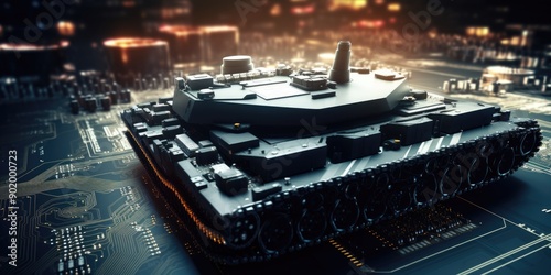 closeup on a military tank on a powerful computer board for AI taking control over war concept or race on manufacturing micro chips photo