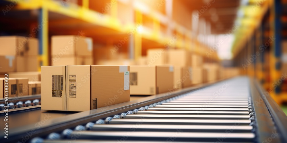 conveyor belt in a distribution warehouse with row of cardboard box packages for e-commerce delivery and automated logistics concepts conveyor belt in a distribution warehouse with row of cardboard box packages for e-commerce delivery and automated logistics concepts