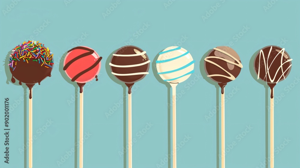 Row of six delicious cake pops with various chocolate and sprinkle toppings is standing on a light blue background Row of six delicious cake pops with various chocolate and sprinkle toppings is standing on a light blue background