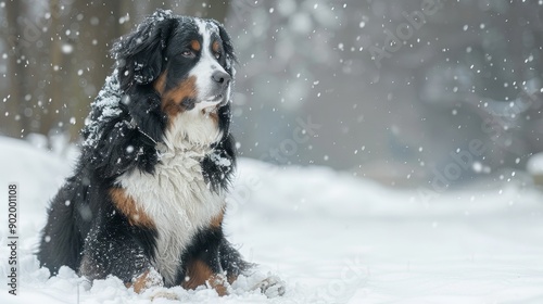 Bernese Mountain Dog in the snow, wide shot. 