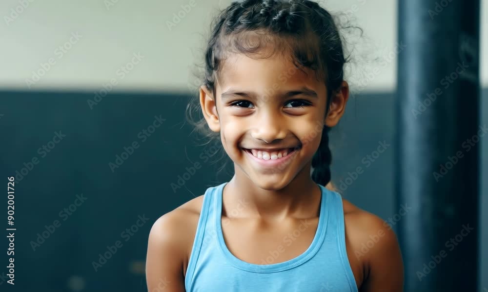 Portrait of a smiling little girl in sportswear looking at camera Portrait of a smiling little girl in sportswear looking at camera