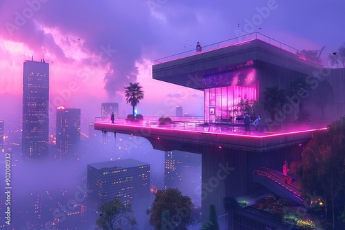 Futuristic floating house with neon pink lights in a cyberpunk cityscape photo