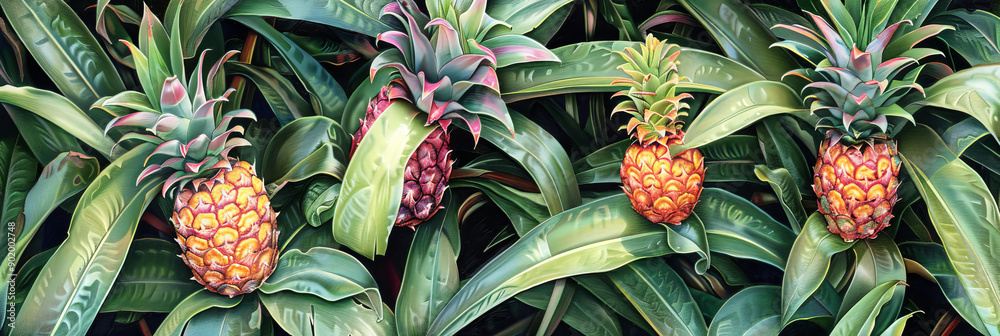 Obraz premium Banner with pattern pineapples and green leaves, illustration.