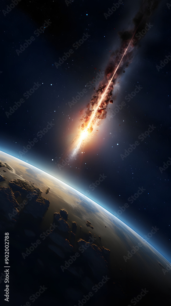 A fiery meteor streaks across the night sky, leaving a trail of smoke and debris as it approaches Earth.