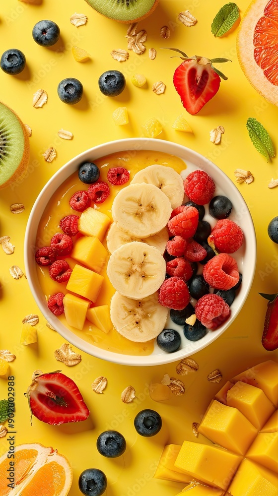 Vibrant Fruit Smoothie Bowl With Colorful Toppings on Bright Yellow Background Vibrant Fruit Smoothie Bowl With Colorful Toppings on Bright Yellow Background
