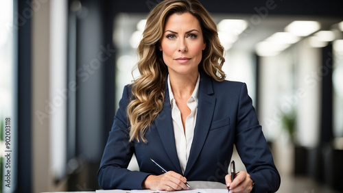 A professional female business owner in a navy suit on a white background, holding a pen and notepad, ready to take notes, Photography, shot with a 50mm lens and natural studio lighting