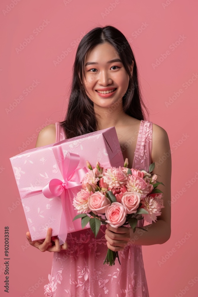 A young woman smiles while holding a bouquet of roses and a gift box A young woman smiles while holding a bouquet of roses and a gift box