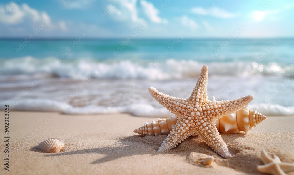 Starfish and seashells on a sandy beach with ocean waves and a cloudy sky in the background. Starfish and seashells on a sandy beach with ocean waves and a cloudy sky in the background.