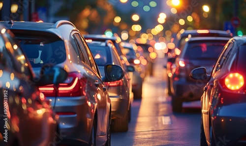 A congested city street filled with cars during the evening, illuminated by the soft glow of streetlights and taillights, creating a bokeh effect in the background.