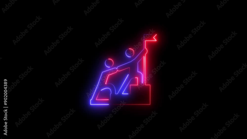 Business concept of victory, success, goal achiever, win, best worker, top employee and leadership. Glowing neon line of man going up stairs to the flag icon isolated on transparent background. Business concept of victory, success, goal achiever, win, best worker, top employee and leadership. Glowing neon line of man going up stairs to the flag icon isolated on transparent background.