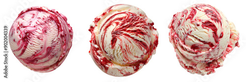 Set of luscious scoop of raspberry ripple ice cream with vibrant red swirls isolated on transparent background