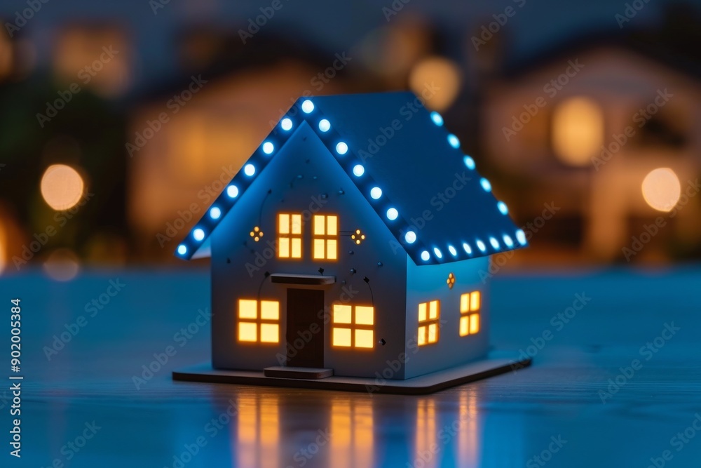 Miniature house with blue lights and bokeh background representing festive mood Miniature house with blue lights and bokeh background representing festive mood