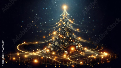 Abstract Christmas tree with lights on a winter mountain landscape. Generated by AI