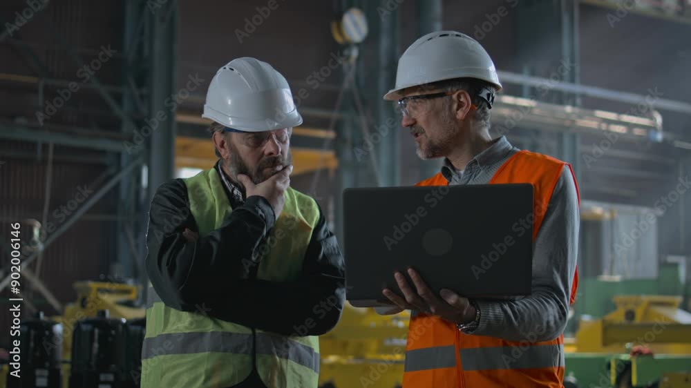 Two professional heavy industry workers, engineers wearing protective uniform and hardhats discuss work process using laptop computer while standing in manufacturing factory or warehouse. Slow motion.