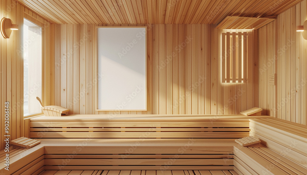 Modern sauna room sleek wood paneling with empty frame Modern sauna room sleek wood paneling with empty frame