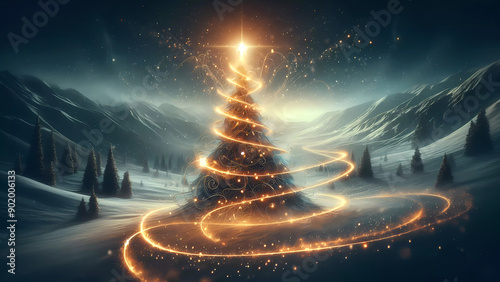 Christmas tree with lights on a winter mountain landscape. Generated by AI