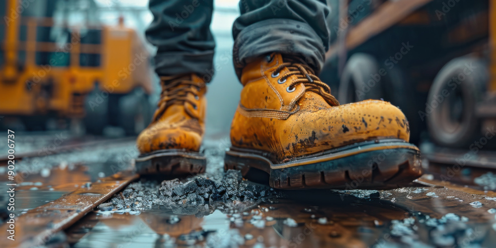 Close-up of worn worker's boots standing on gravel at an industrial worksite, emphasizing hard labor and rugged conditions. Close-up of worn worker's boots standing on gravel at an industrial worksite, emphasizing hard labor and rugged conditions.