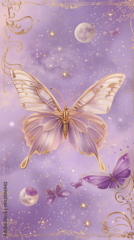 butterfly on purple background moon