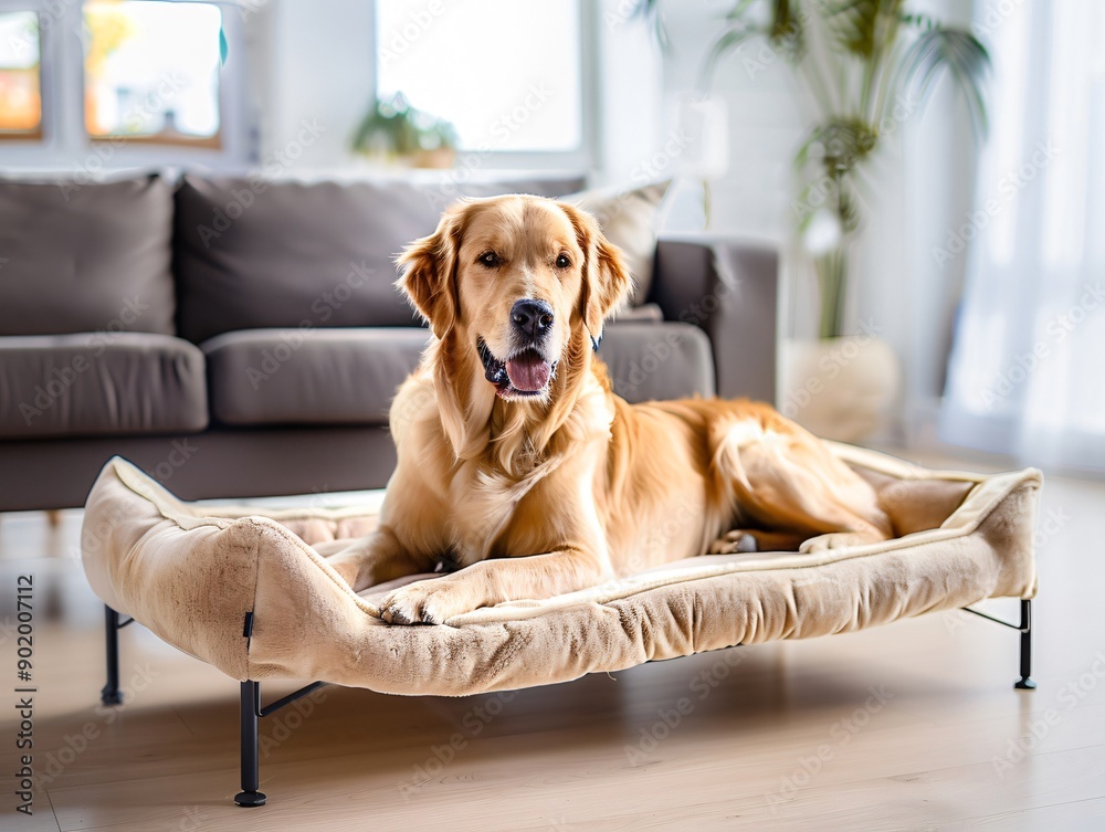 Lovely golden retriever is resting on its cozy raised dog bed in a sunny living room at home Lovely golden retriever is resting on its cozy raised dog bed in a sunny living room at home