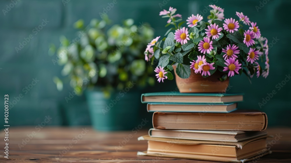 Books with flower on table close up Books with flower on table close up