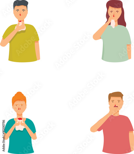 Four illustrated characters with finger to lips in a shushing gesture for quiet and secrecy concepts