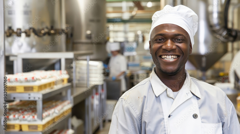 Happy African American Chef Smiling in Commercial Kitchen Happy African American Chef Smiling in Commercial Kitchen