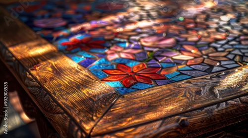 A handcrafted wooden coffee table adorned with colorful mosaic tiles