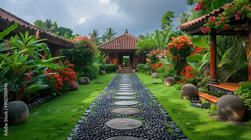 Tropical garden with Frangipani Plumeria in Bali Indonesia photo