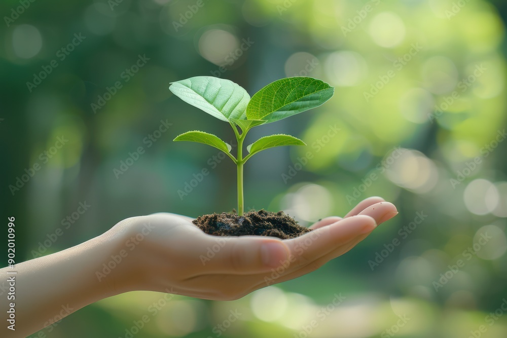 Hand Holding Small Plant with Soil in Green Garden Hand Holding Small Plant with Soil in Green Garden