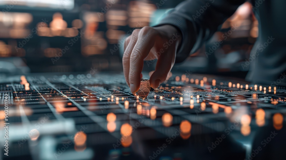 A hand interacts with a high-tech digital interface featuring illuminated data points and grids, symbolizing technology and data analysis. A hand interacts with a high-tech digital interface featuring illuminated data points and grids, symbolizing technology and data analysis.