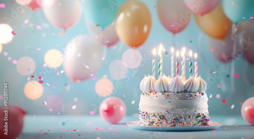 Birthday Cake With Candles and Balloons