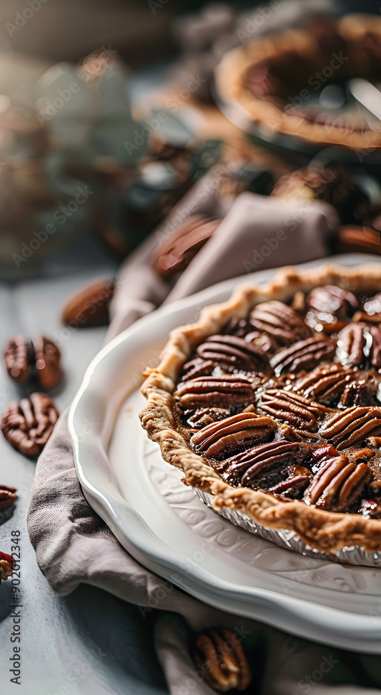 Chocolate pecan pie in a white plate, on a light table. Christmas table.