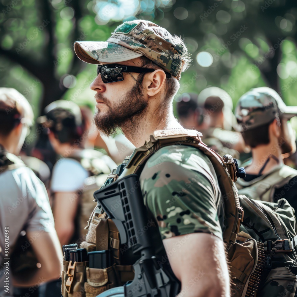 Military Personnel in Camouflage Attire With Firearm at Outdoor Gathering During Daylight