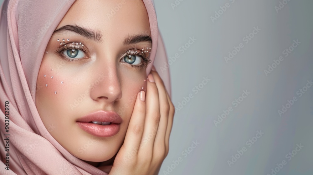 A woman in a hijab with embellished makeup A woman in a hijab with embellished makeup