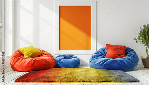 Playful living room with vibrant fabrics with empty frame
