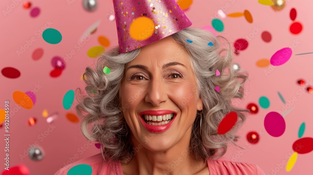 A woman wearing a pink party hat and smiling. She is surrounded by colorful confetti. The image conveys a joyful and celebratory mood, as the woman is at a party or a special event A woman wearing a pink party hat and smiling. She is surrounded by colorful confetti. The image conveys a joyful and celebratory mood, as the woman is at a party or a special event