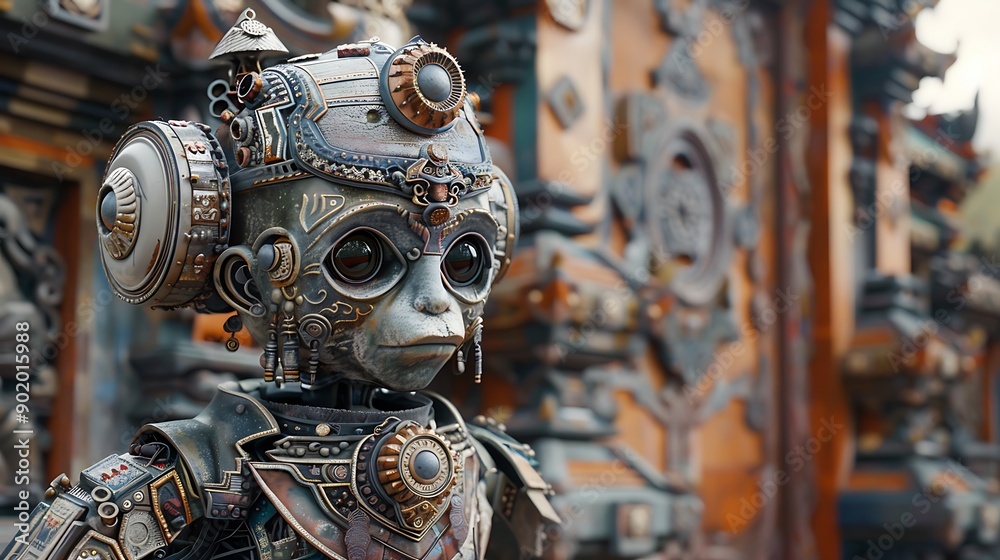 Balinese temple gate featuring a robot in traditional guardian costume ...